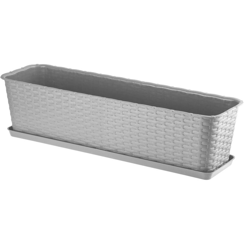Jardinière Rectangulaire 60 cm, Balconnière en Plastique Aspect Rotin avec Soucoupe pour Embellir Votre Espace Extérieur (Gris) - Kadax