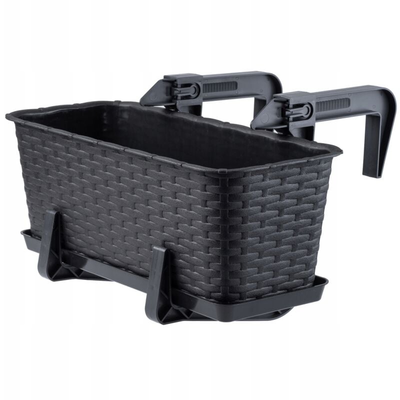 Jardinière Suspendue Extérieure 40 cm, Balconnière en Plastique Aspect Rotin avec Supports de Fixation Intégrés et Soucoupe (Anthracite) - Kadax