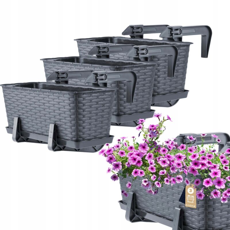Jardinière Suspendue Extérieure 40 cm, Balconnière en Plastique Aspect Rotin avec Supports de Fixation Intégrés et Soucoupe (Graphite, Lot de 3)