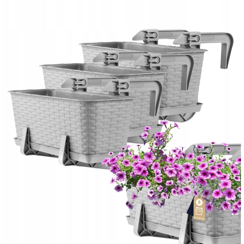 KADAX Jardinière Suspendue Extérieure 40 cm, Balconnière en Plastique Aspect Rotin avec Supports de Fixation Intégrés et Soucoupe (Gris, Lot de 3)
