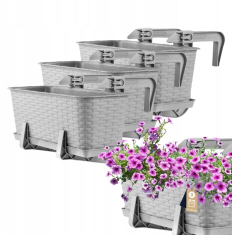 KADAX Jardinière Suspendue Extérieure 40 cm, Balconnière en Plastique Aspect Rotin avec Supports de Fixation Intégrés et Soucoupe (Gris, Lot de 3)