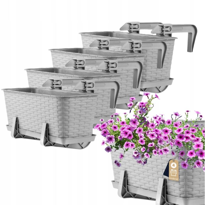Jardinière Suspendue Extérieure 40 cm, Balconnière en Plastique Aspect Rotin avec Supports de Fixation Intégrés et Soucoupe (Gris, Lot de 4) - Kadax