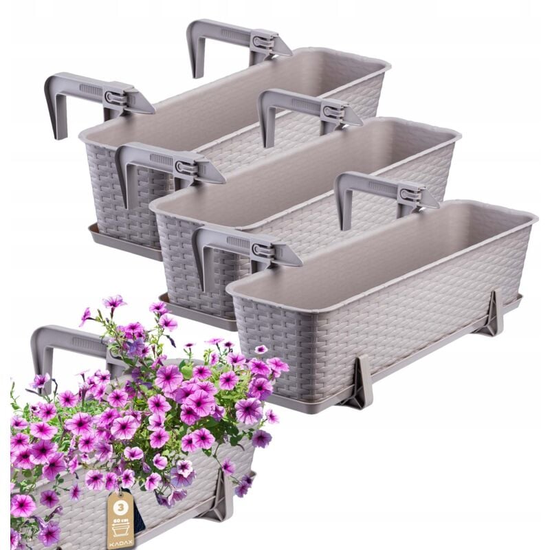 KADAX Jardinière Suspendue Extérieure 60 cm, Balconnière en Plastique Aspect Rotin avec Supports de Fixation Intégrés et Soucoupe (Caramel, Lot de 3)