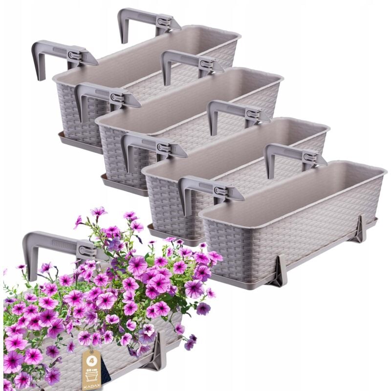 KADAX Jardinière Suspendue Extérieure 60 cm, Balconnière en Plastique Aspect Rotin avec Supports de Fixation Intégrés et Soucoupe (Caramel, Lot de 4)