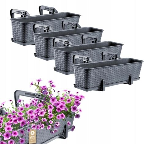 KADAX Jardinière Suspendue Extérieure 60 cm, Balconnière en Plastique Aspect Rotin avec Supports de Fixation Intégrés et Soucoupe (Graphite, Lot de 4)