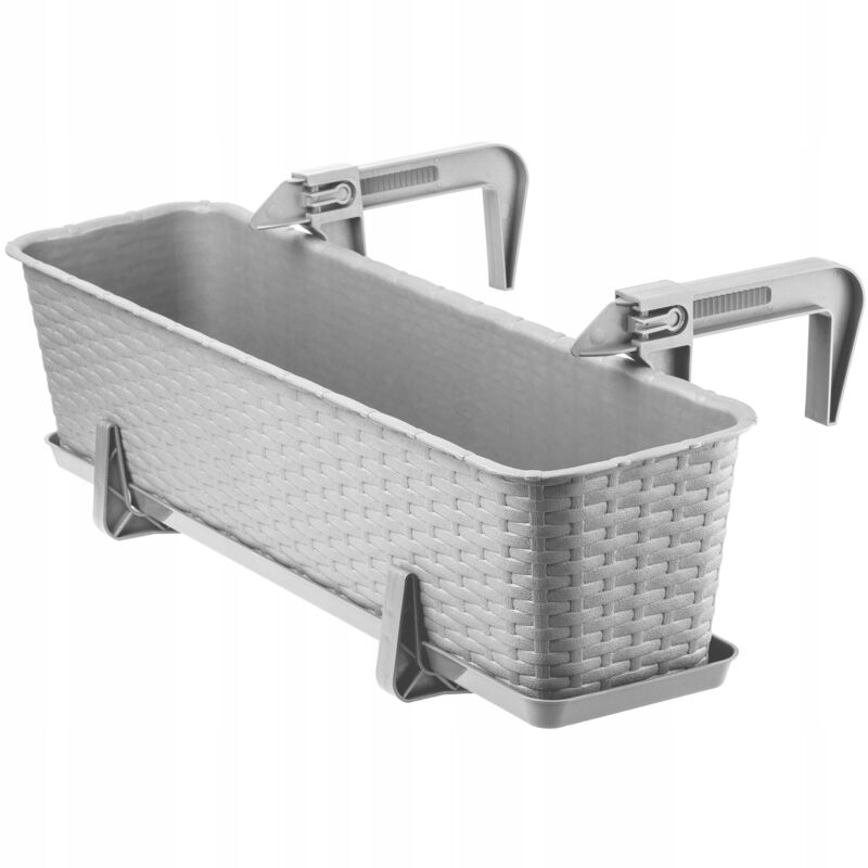 Kadax - Jardinière Suspendue Extérieure 60 cm, Balconnière en Plastique Aspect Rotin avec Supports de Fixation Intégrés et Soucoupe (Gris)