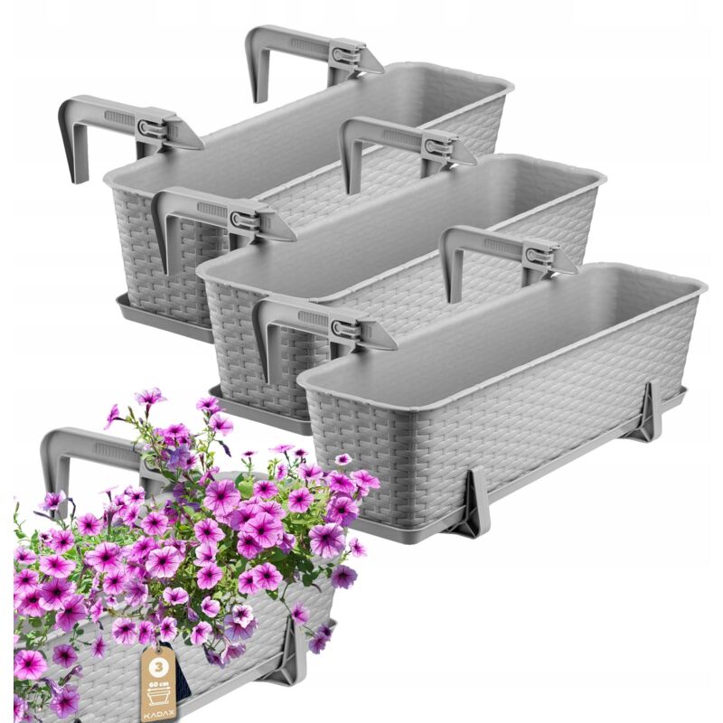 Jardinière Suspendue Extérieure 60 cm, Balconnière en Plastique Aspect Rotin avec Supports de Fixation Intégrés et Soucoupe (Gris, Lot de 3) - Kadax
