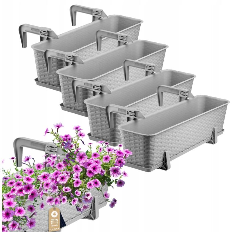 Jardinière Suspendue Extérieure 60 cm, Balconnière en Plastique Aspect Rotin avec Supports de Fixation Intégrés et Soucoupe (Gris, Lot de 4) - Kadax