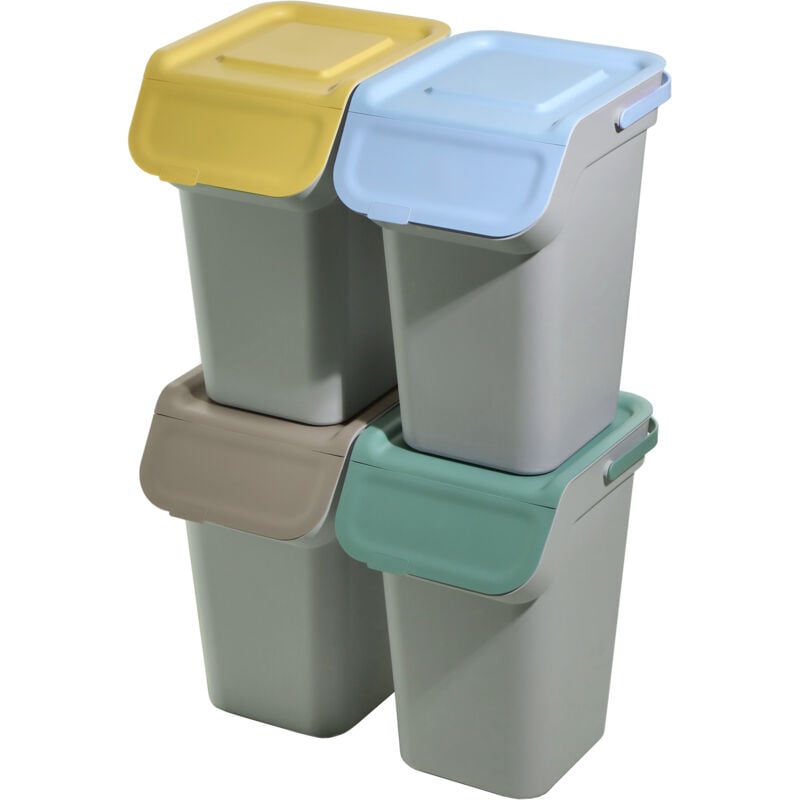 Kit de tri des déchets avec couvercle à rabat hermétique, poubelle de 25 l, poubelle pour cuisine, gris foncé, 4 x 25 l - Kadax