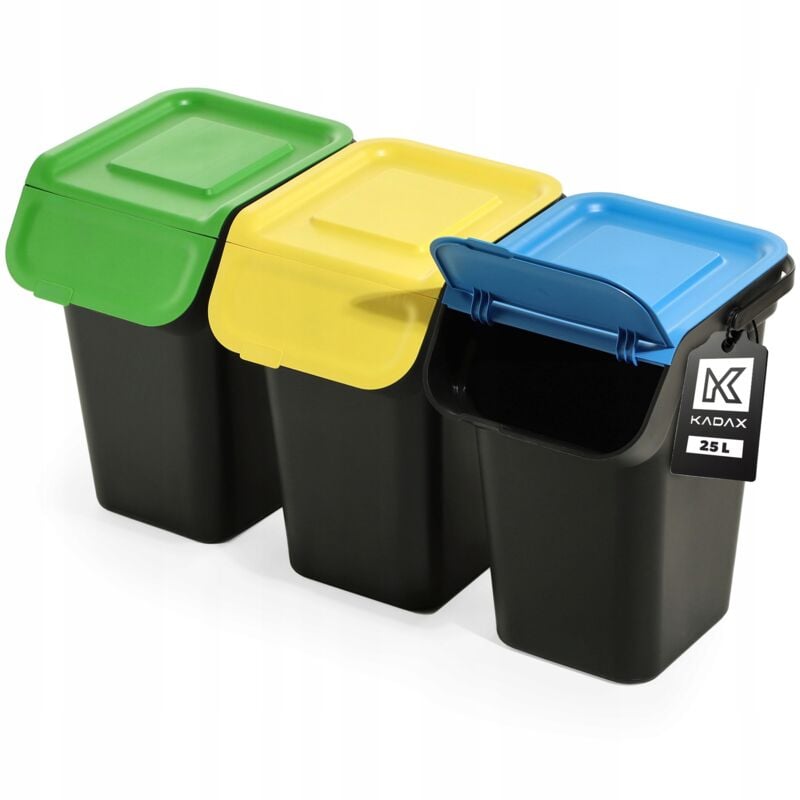 Kadax - Kit de tri des déchets avec couvercle à rabat hermétique, poubelle de 25 l, poubelle pour cuisine, noir, 3 x 25 l