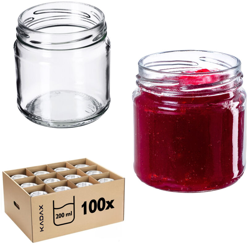 KADAX Lot de 100 petits bocaux de confiture de 200 ml, fi66 mm, mini bocaux hermétiques pour le miel et les épices, sans couvercle