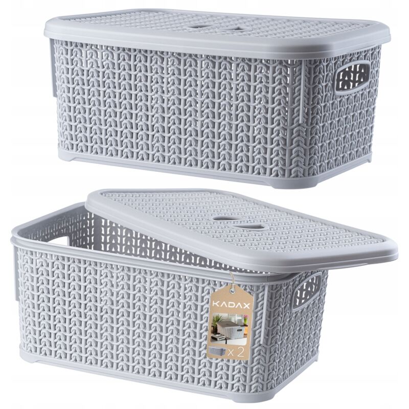 Lot de 2 paniers de rangement rectangulaires avec couvercle, 6 l, en plastique, pour salle de bain, cuisine, chambre d'enfant, gris 29x20x12,5cm