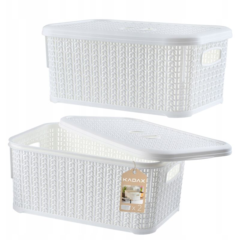 Lot de 2 paniers de rangement rectangulaires en plastique avec couvercle - 6 l - Pour salle de bain, cuisine, chambre d'enfant - Blanc - Kadax