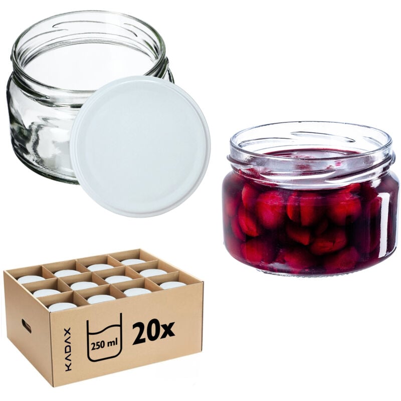 Kadax - Lot de 20 petits bocaux de confiture avec couvercle - 250 ml - hermétiques - Pour cadeau - Pour miel et épices - Blanc
