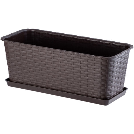 KADAX Macetero rectangular de 40 cm, balcón de plástico con aspecto de ratán y platillo para embellecer su espacio exterior (marrón)