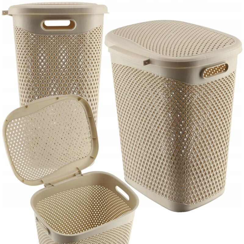 Panier à linge en plastique léger - Panier à linge en plastique - Perméable à l'air - Avec couvercle - Beige - Kadax