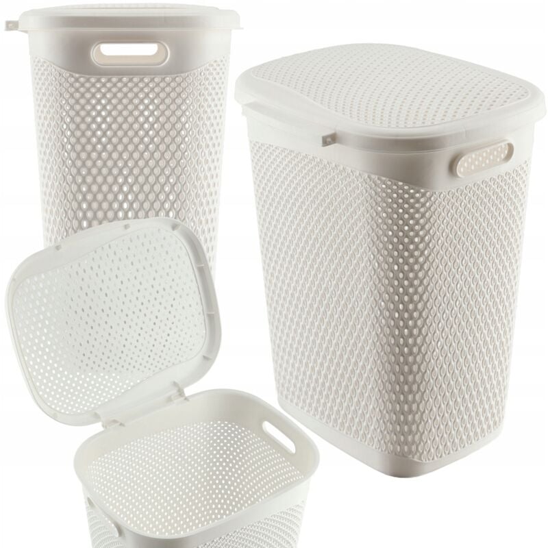 Panier à linge en plastique léger - Panier à linge en plastique - Perméable à l'air - Avec couvercle - Blanc - Kadax