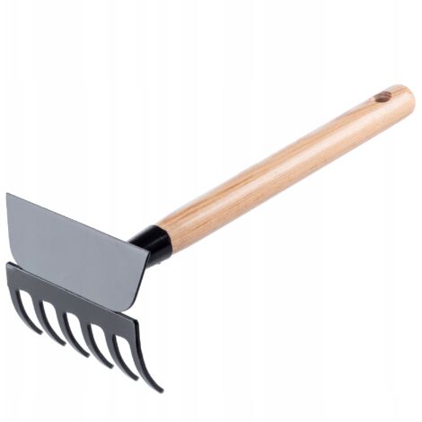 KADAX Petite Serfouette en métal à manche court double pioche robuste pour désherber les mauvaises herbes (6 dents, forme trapézoïdale)