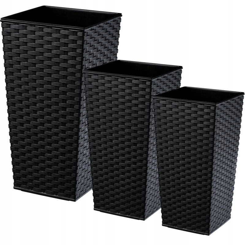 Pot de Fleur Haut, Grande Jardiniere pour Interieure et Exterieure, Bac à Fleurs Imitant Le Rotin (Noir, Lot de 3: 57 cm, 68 cm, 75 cm) - Kadax