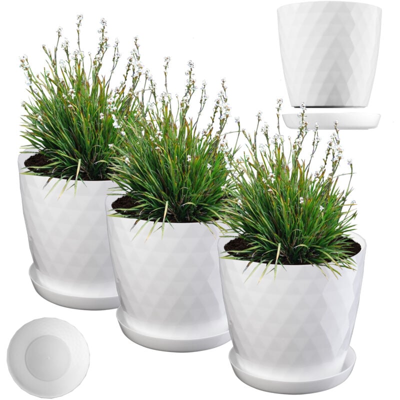 Pot de Fleurs en Plastique avec Soucoupe, Pot de Plante pour Une Décoration Florale Moderne dans l'espace Interieur (Lot de 3 : Blanc, 25 cm) - Kadax