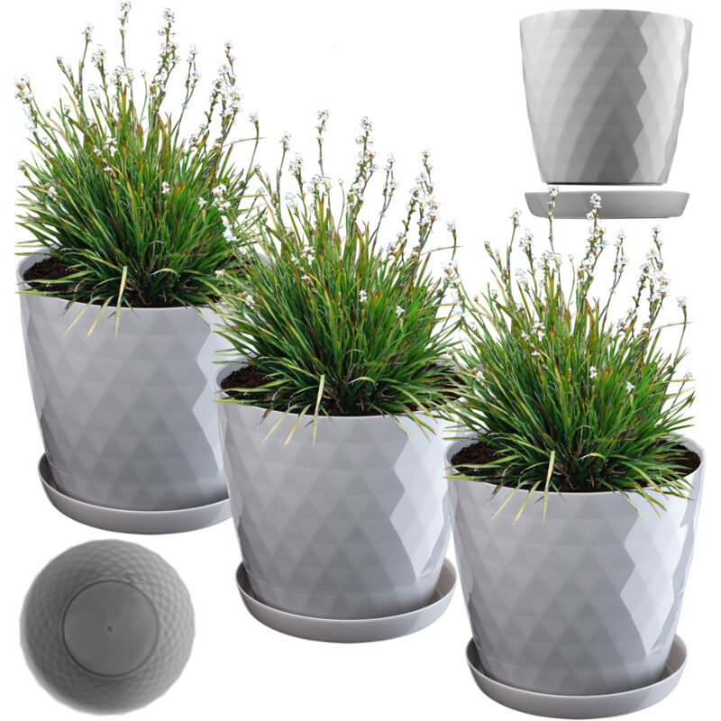 Pot de Fleurs en Plastique avec Soucoupe, Pot de Plante pour Une Décoration Florale Moderne dans l'espace Interieur (Lot de 3 : Gris, 16 cm) - Kadax