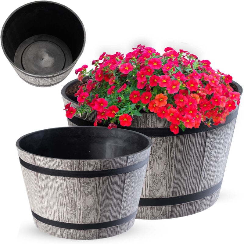 Pot de Fleurs en Plastique pour l'Intérieur et l'Extérieur, Grand Cache Pot avec Imitation Bois (Gris Clair, Lot de 2: 30 et 40 cm) - Kadax