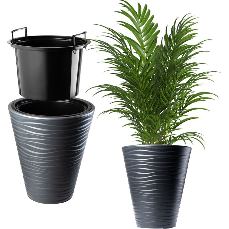 Pot de Fleurs Pot de Fleurs 30 cm Couvercle avec Insert Support de Fleurs en Plastique Anthracite - Kadax