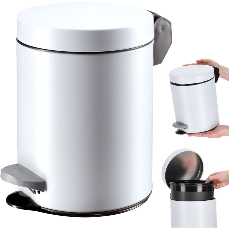 Poubelle à pédale, en acier, ronde, élégante, avec couvercle basculant, 5 l, blanche - Kadax