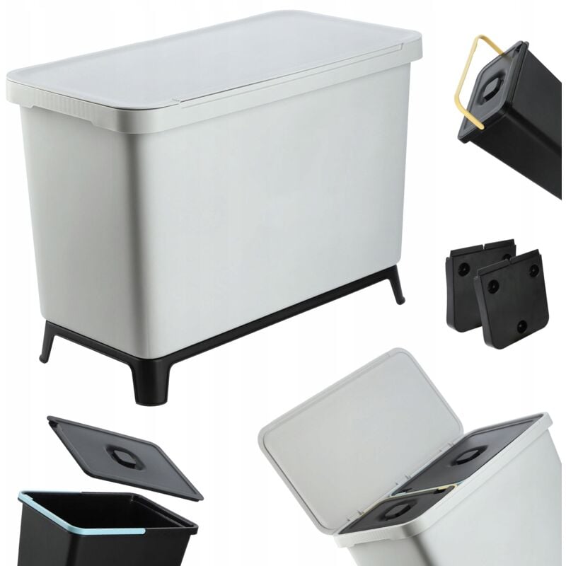 Kadax - Poubelle avec couvercle à charnière, rectangulaire, en plastique, avec poignée de transport, pour tri des déchets, gris 10 l + 23 l