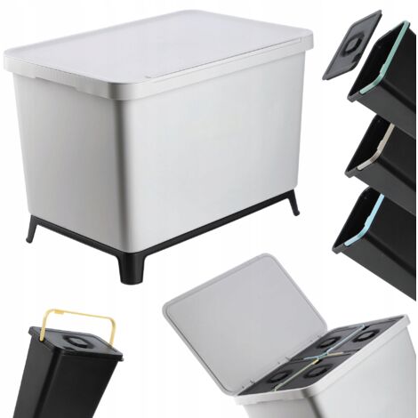 KADAX Poubelle avec couvercle à charnière, rectangulaire, en plastique, avec poignée de transport, pour tri des déchets, gris - 4 x 10 l