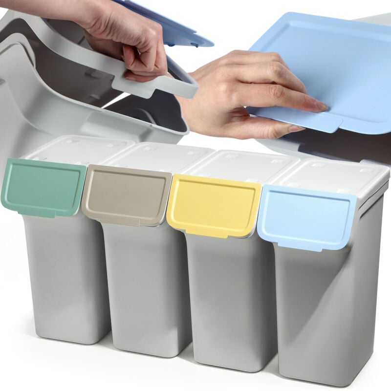 KADAX Poubelle avec couvercle, poubelle en plastique, pour le tri des déchets, rectangulaire, avec couvercle à charnière (gris, 4 x 25 l)
