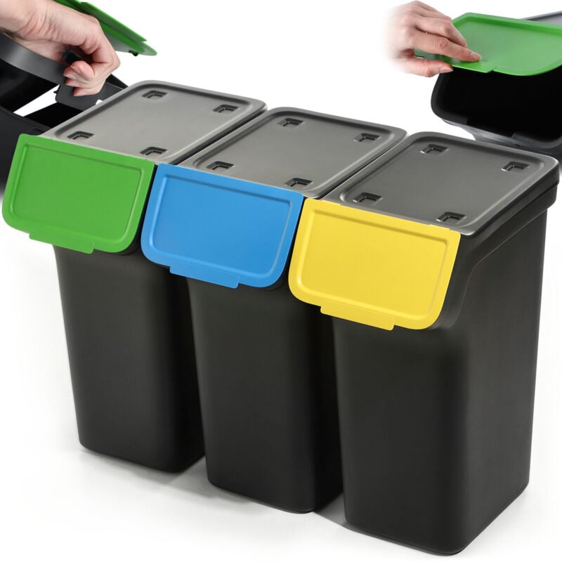 Kadax - Poubelle avec couvercle, poubelle en plastique, pour le tri des déchets, rectangulaire avec couvercle à charnière (noir, 3 x 25 l)