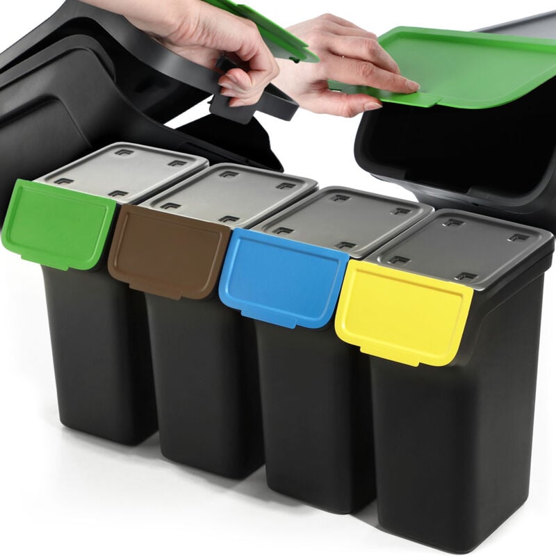Kadax - Poubelle avec couvercle, poubelle en plastique, pour le tri des déchets, rectangulaire, avec couvercle à charnière (noir, 4 x 25 l)