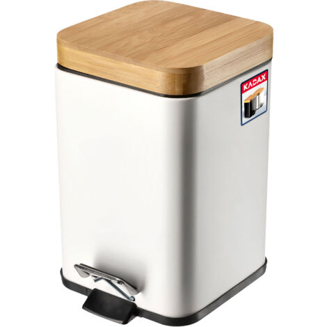KADAX Poubelle de Salle de Bain en Acier avec Couvercle en Bambou, Pédale et Seau Interne Amovible, Petite Poubelle Pratique et Hygiénique (3L, Blanc)
