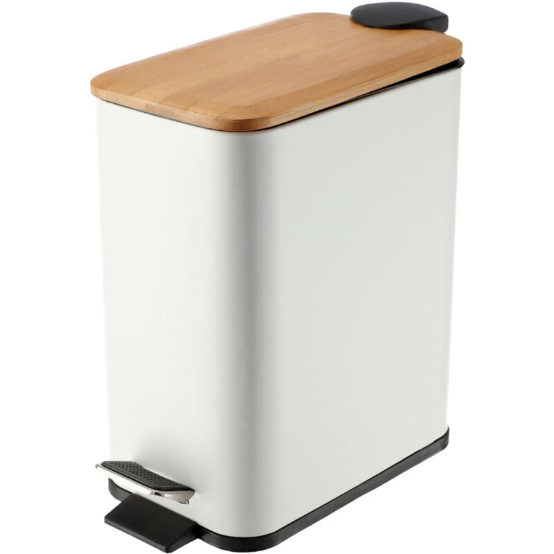 Poubelle de Salle de Bain en Acier avec Couvercle en Bambou, Pédale et Seau Interne Amovible, Petite Poubelle Pratique et Hygiénique (5L, Blanc)