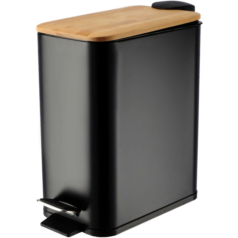 Poubelle de Salle de Bain en Acier avec Couvercle en Bambou, Pédale et Seau Interne Amovible, Petite Poubelle Pratique et Hygiénique (5L, Noir)