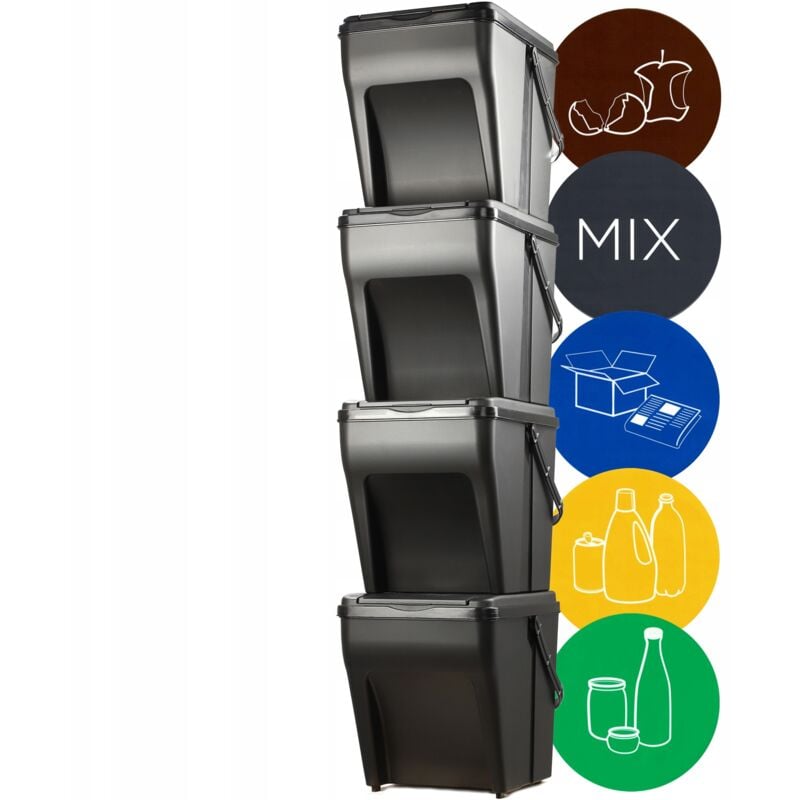 Kadax - Poubelles de Tri Sélectif pour la Collecte et le Recyclage des Déchets à Domicile, Système de Séparation des Déchets Empilables (4 x 25L,