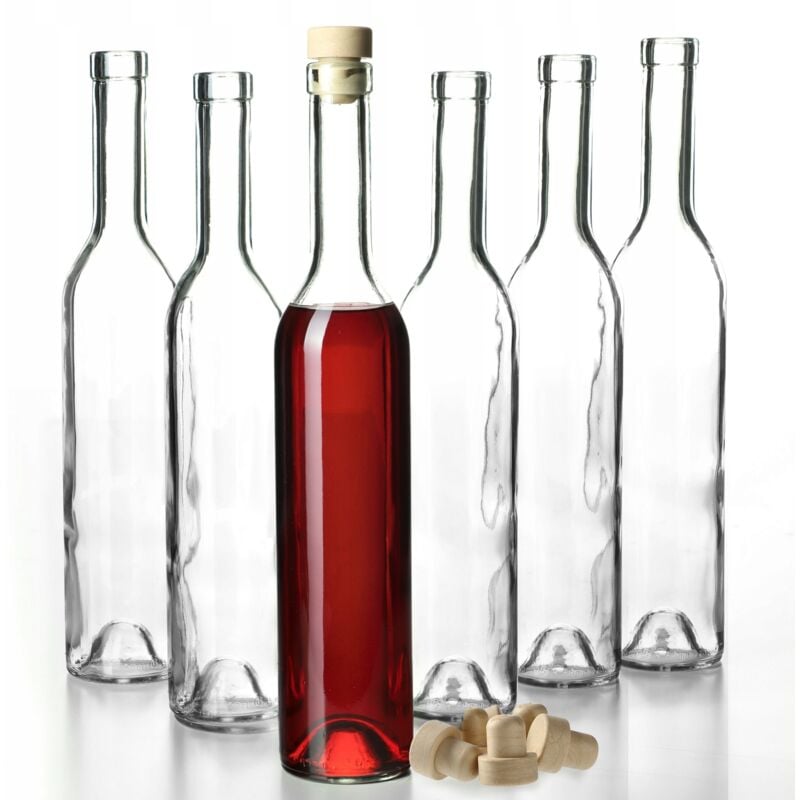 Kadax - Primavera Lot de 6 bouteilles en verre avec bouchon en liège, transparentes, à remplir, pour boissons faites maison, réutilisables, 0,5 l