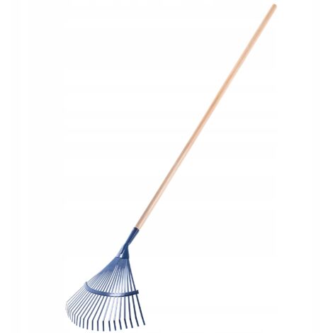 KADAX Rastrillo de acero, rastrillo con mango largo de madera, rastrillo de alambre ajustable, rastrillo de hojas de cabeza ancha, rastrillo de hierba (plateado, azul)