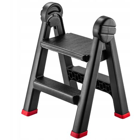 KADAX Scaletta da officina pieghevole, 47 x 44 x 63 cm, plastica, con 2 gradini, carico massimo 150 kg, sgabello da ufficio (2 gradini/nero) K6433