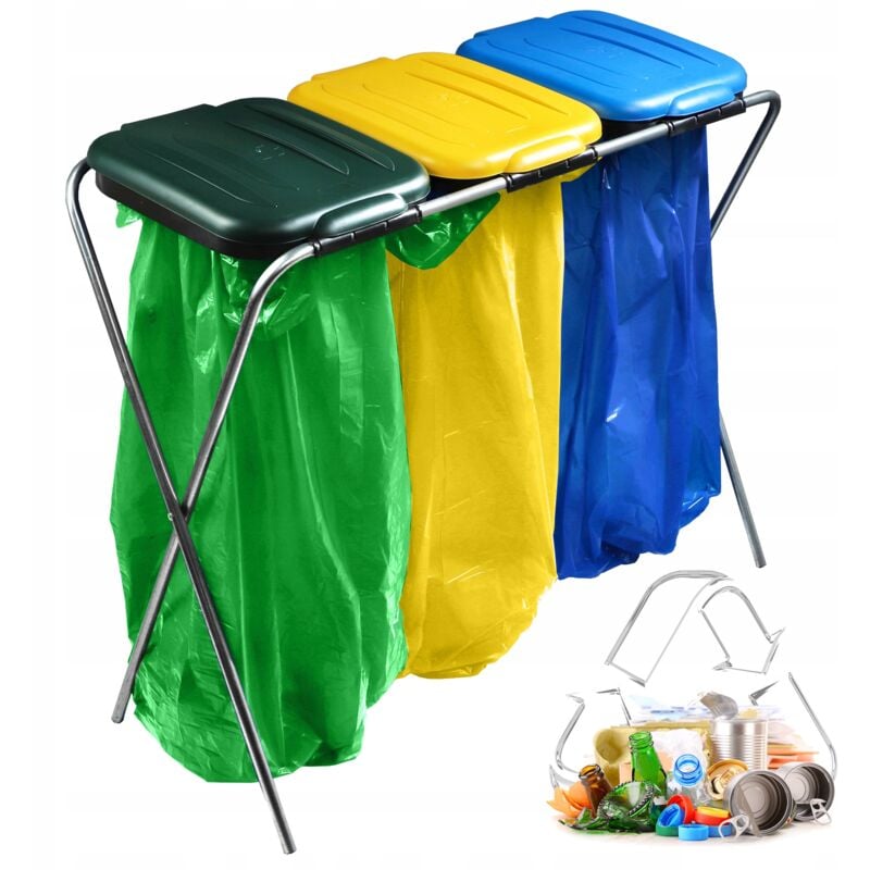 Kadax - Support triple pour sac poubelle - Avec couvercle en plastique - Pour sac poubelle de 120 l - Vert/jaune/bleu