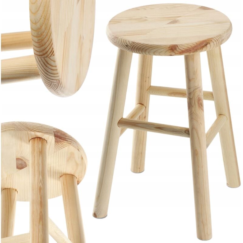 Tabouret en Bois de Pin Naturel, Élégante Chaise pour Ajouter Une Touche de Charme Rustique à Votre Décoration Intérieure (Rond) - Kadax