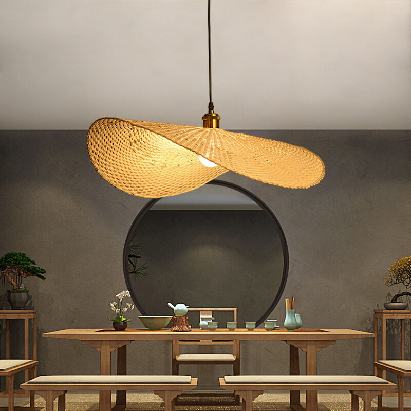 Lot de 1 Suspension en bambou tissé à la main Lustre à chapeau simple Plafonnier Plafonnier Lustre en bambou naturel pour salle à manger, salon de