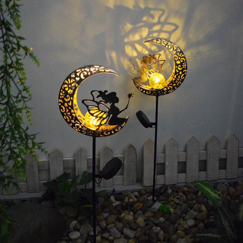 Lumière Solaire Extérieure 100cm Lune en Métal Solaire led Boule de Verre Lumière de Jardin Lumière de Chemin Étanche avec Fée de Fleurs et Pique de