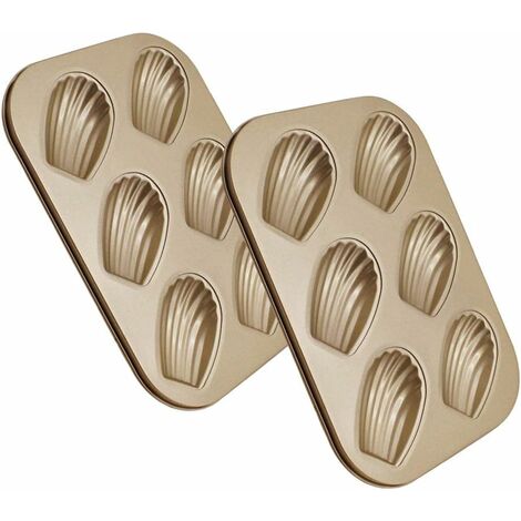 KAEJYIUT2 Pièces 6 Cavités Moule à Madeleines Forme Spécifique de Coquille Métallique Antiadhésif Plaques à Patisserie pour la Cuisson de Gateaux Biscuits Bricolage au Chocolat - 26,5x18,5cm Or