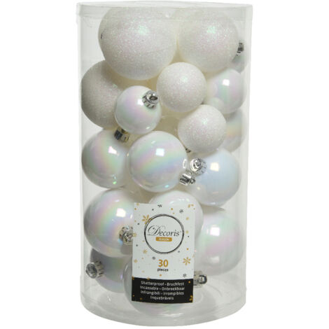 Kaemingk, 30 Palline di Natale, Bianco Iridescente, Infrangibili, 6cm, Cilindro-Sfera