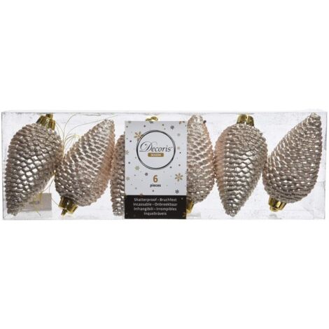 Kaemingk Set 6 Pigne Decorative Natale Plastica Infrangibile Glitter Perla 4,5x8 Cm