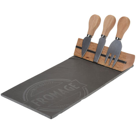 Käseplatte Set aus Schiefer und Bambus 4-teilig - 30 x 15 cm - Servierplatte inklusive Besteck und Magnet Halterung - Schieferplatte Käsebrett Buffet Platte mit Käsemesser lebensmittelecht