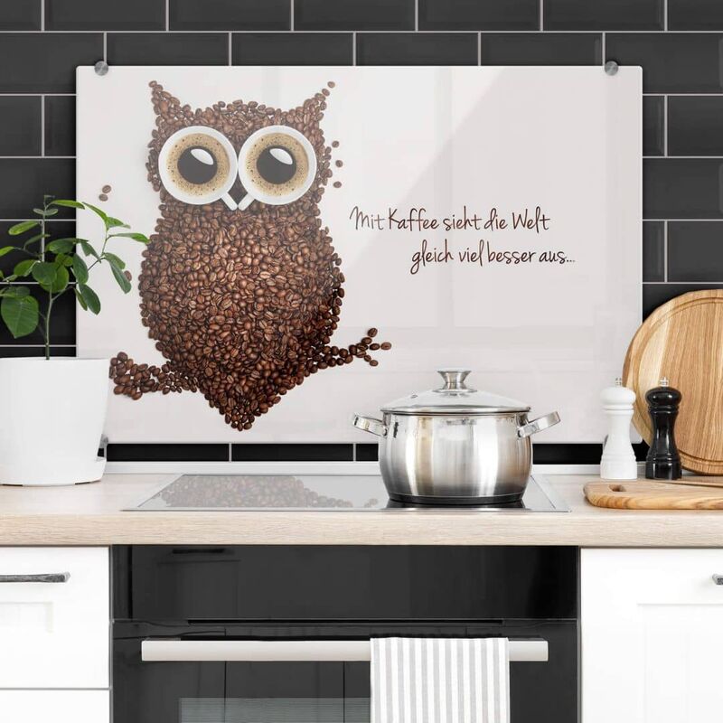 Kaffee Eule mit Spruch die Welt 80x60cm Wandschutz Küchenrückwand