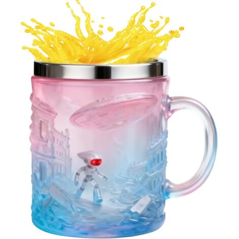 Kaffeebecher – 200 ml, 3D-Alien-Motiv, Edelstahlrand, kreatives, skulpturales Design für Getränke, blauer Puder